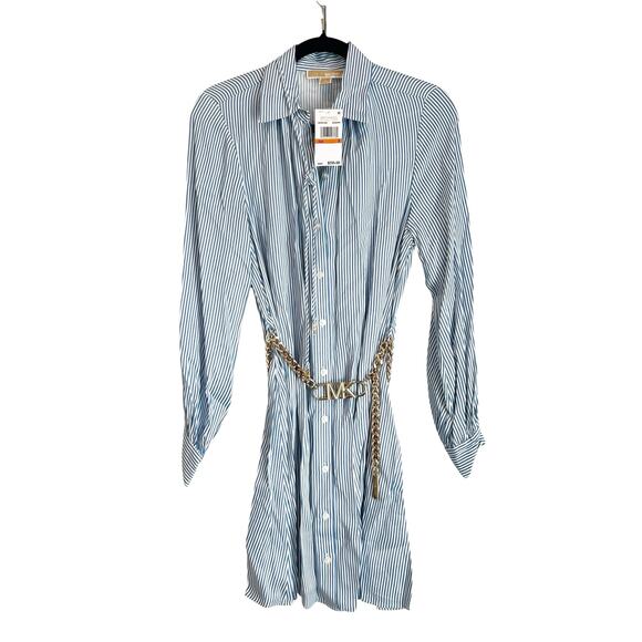 MICHAEL Michael Kors Blueberry Pinstripe Logo Gold Belted Minidress Size S NWT - Picture 5 of 12